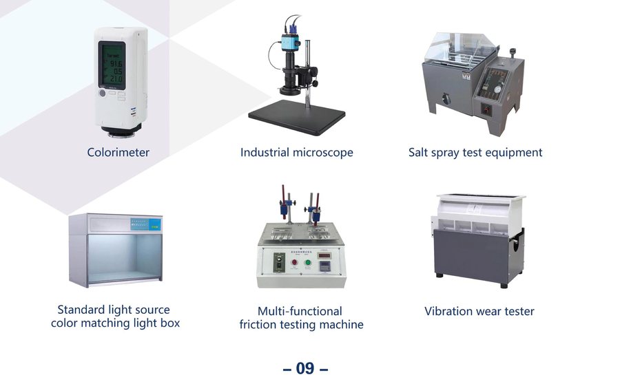 PVD quality control and testing equipment: colorimeter, microscope, salt-spray and friction testers